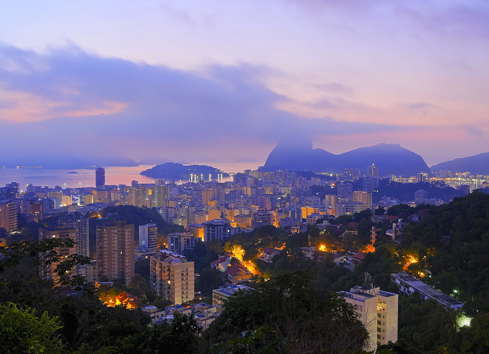 Twilight view over Laranjeiras towards Sugarloaf Mountain, Pereira da Silva, Rio de Janeiro, Brazil, South America