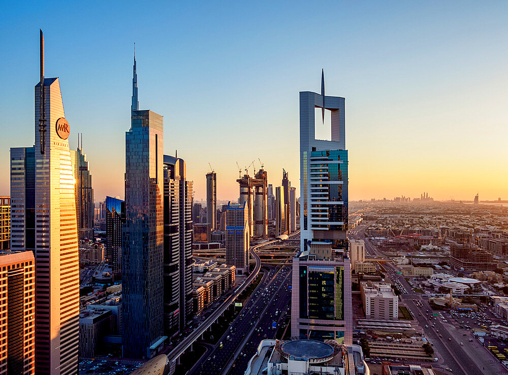 Dubai International Financial Centre at sunset, elevated view, Dubai, United Arab Emirates, Middle East