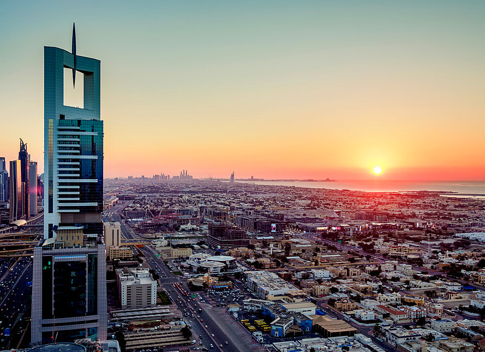 Dubai International Financial Centre at sunset, elevated view, Dubai, United Arab Emirates, Middle East