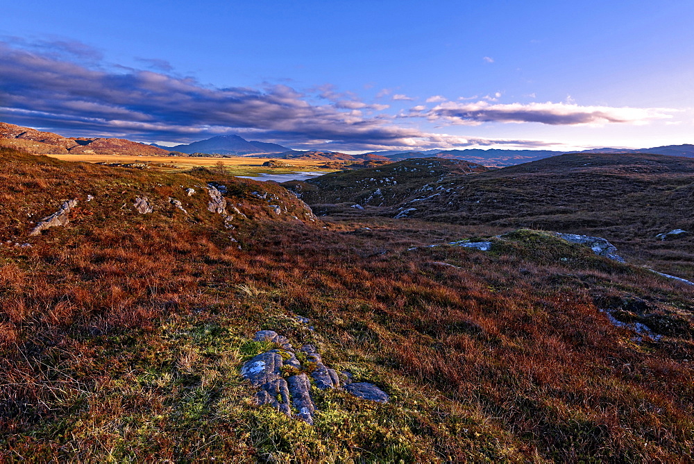 Autumn view of colorful grasses and rocks and misty mountains in the moors of the Scottish Highlands as the fading sun sets, Scotland, United Kingdom, Europe