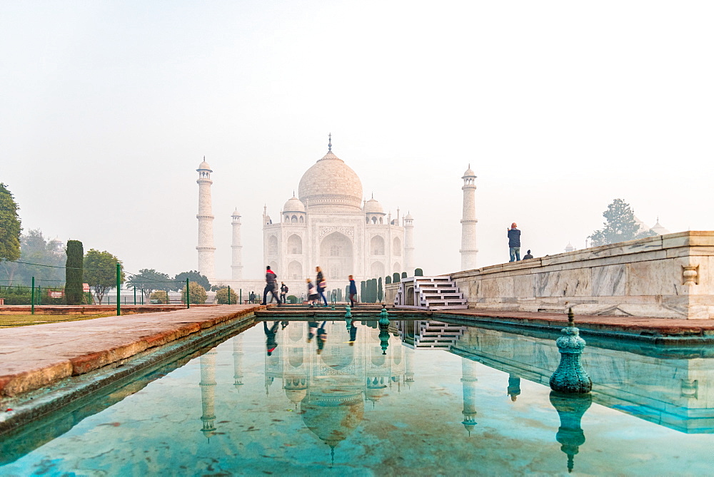 Taj Mahal reflections on a misty morning, UNESCO World Heritage Site, Agra, Uttar Pradesh, India, Asia