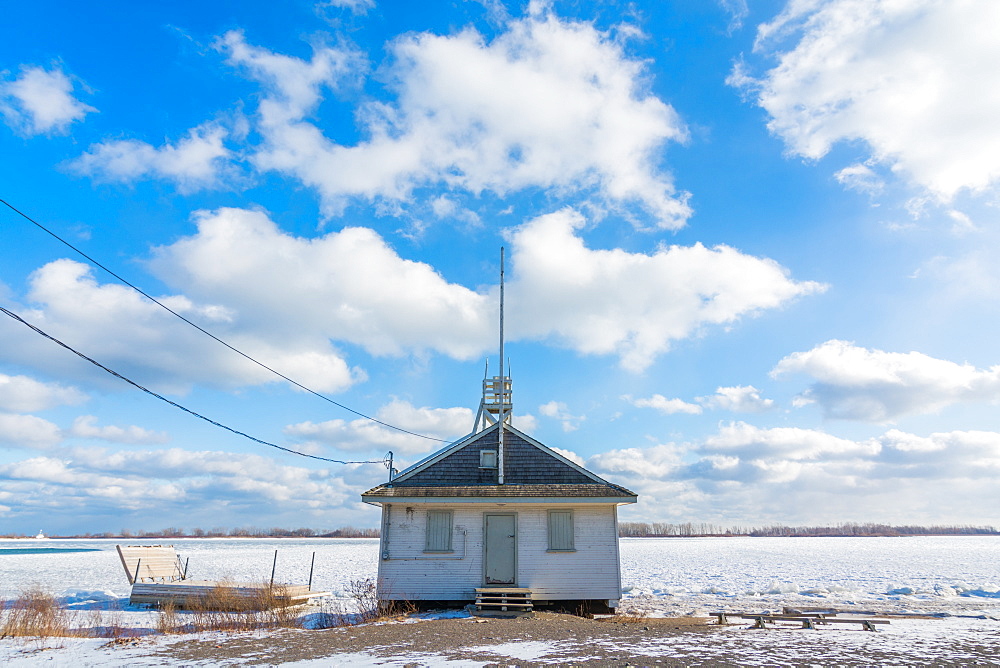 Frozen Leuty Life guard station, Lake Ontario, Toronto, Ontario, Canada, North America