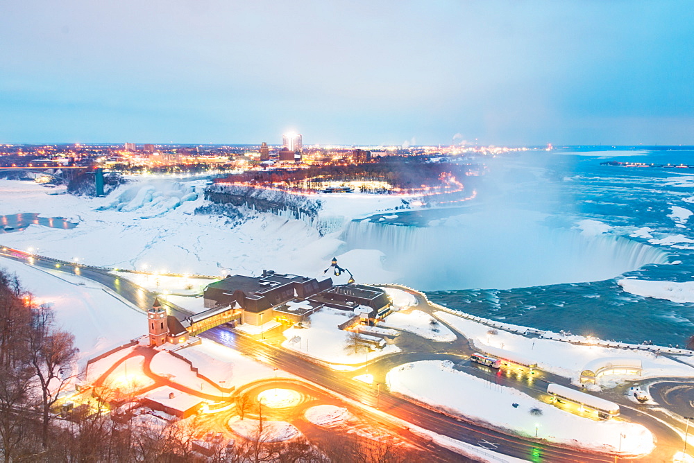 Frozen Niagara Falls in March as seen from the Fallsview Hotel, Ontario, Canada, North America