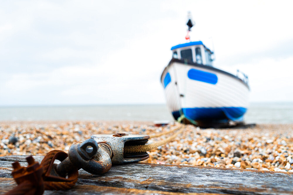 Fishing boat anchored to the block and tackle, Dungeness, Kent, England, United Kingdom, Europe