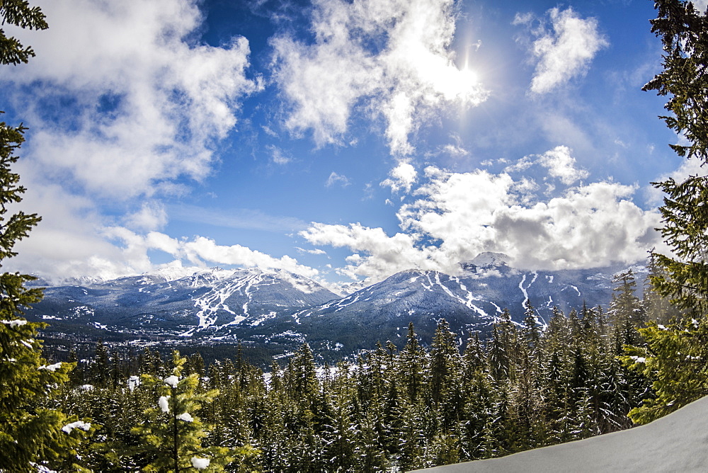 View of blue skies over Whistler Blackcomb from Sprout Mountain, British Columbia, Canada, North America