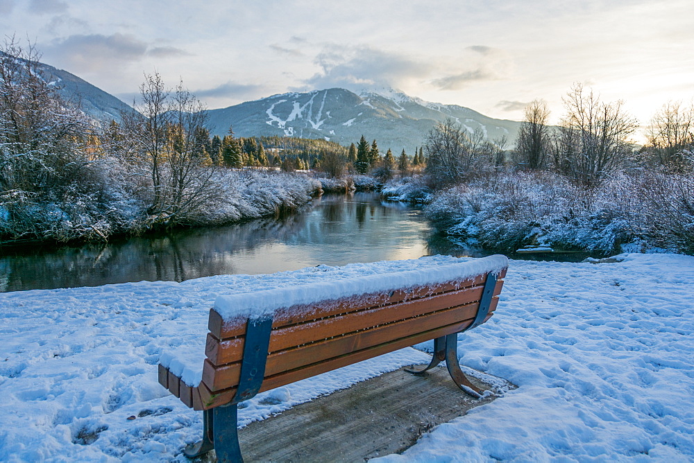 Snow covered bench at Meadow Park with views of the River of Golden Dreams and Whistler Mountain in Whistler, British Columbia, Canada, North America