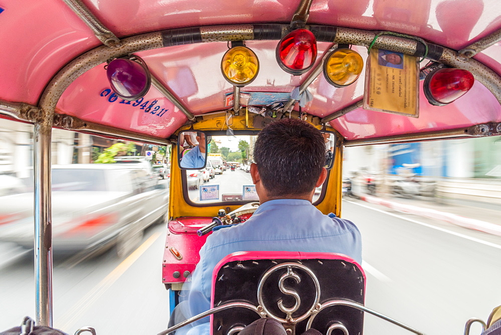 Riding in the back of a Tuk Tuk in Bangkok, Thailand, Southeast Asia, Asia