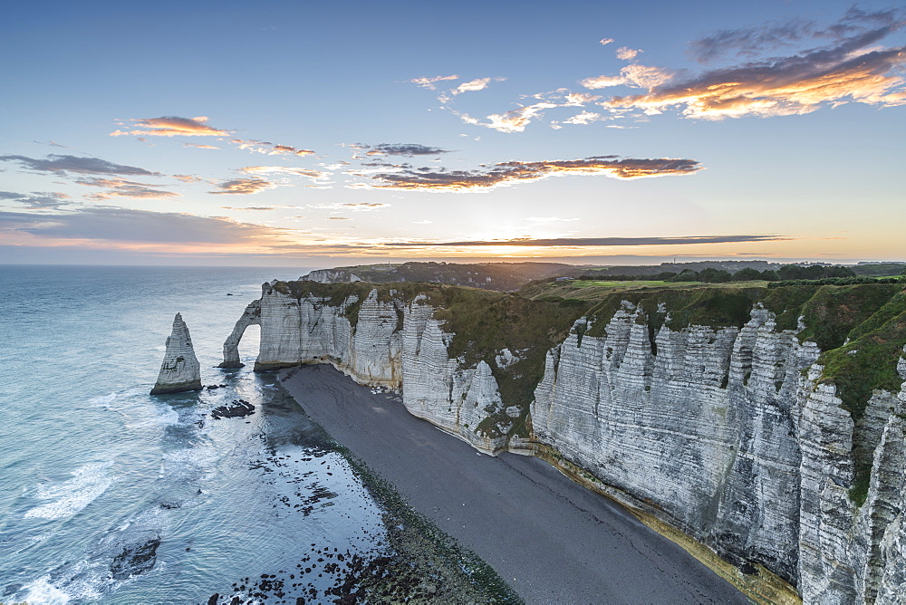 Dawn at the chalk cliffs, Etretat, Normandy, France, Europe