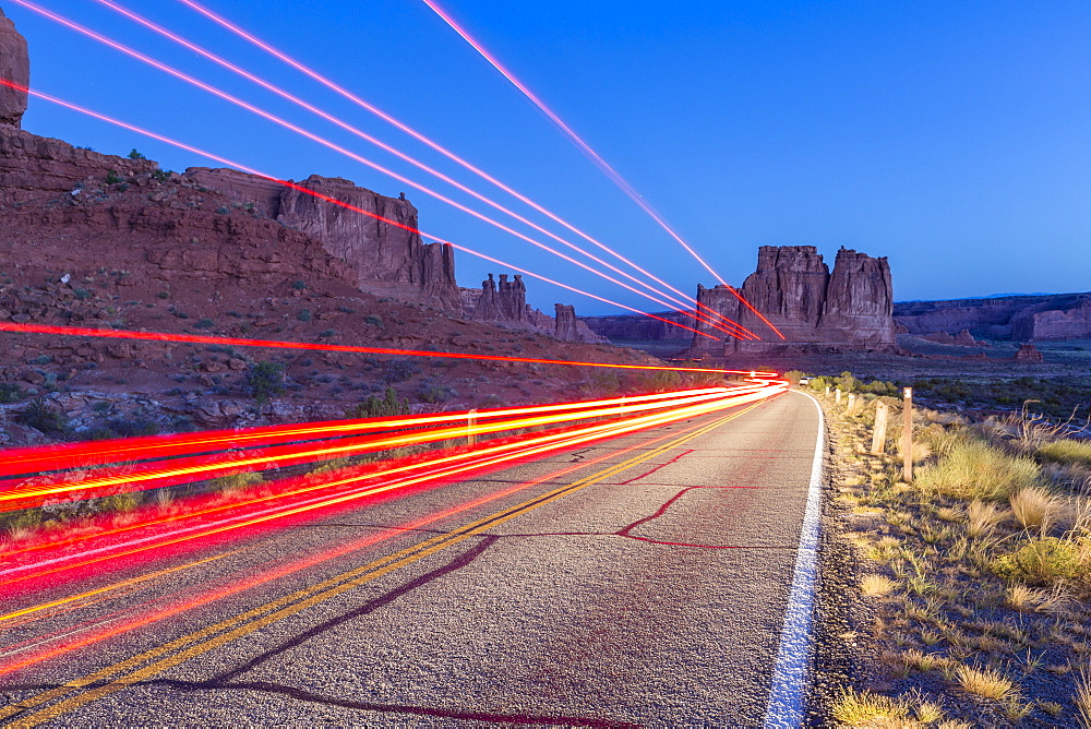 Car lights, Arches National Park, Moab, Utah, United States of America, North America