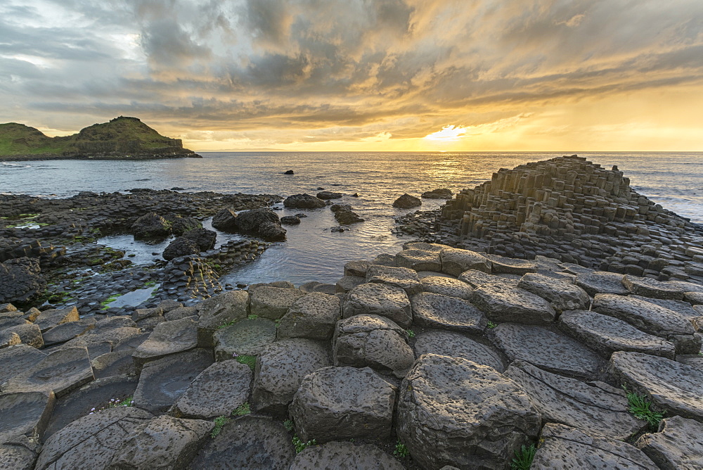 Giants Causeway at sunset, UNESCO World Heritage Site, County Antrim, Ulster, Northern Ireland, United Kingdom, Europe