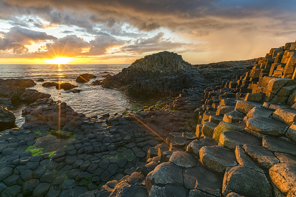 Giants Causeway at sunset, UNESCO World Heritage Site, County Antrim, Ulster, Northern Ireland, United Kingdom, Europe