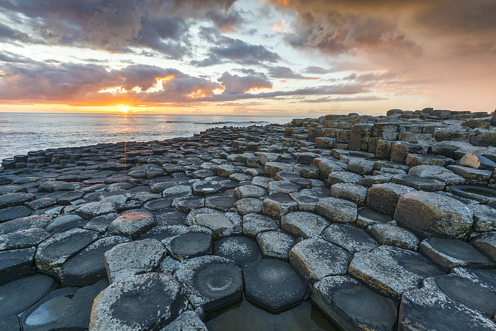 Giants Causeway at sunset, UNESCO World Heritage Site, County Antrim, Ulster, Northern Ireland, United Kingdom, Europe