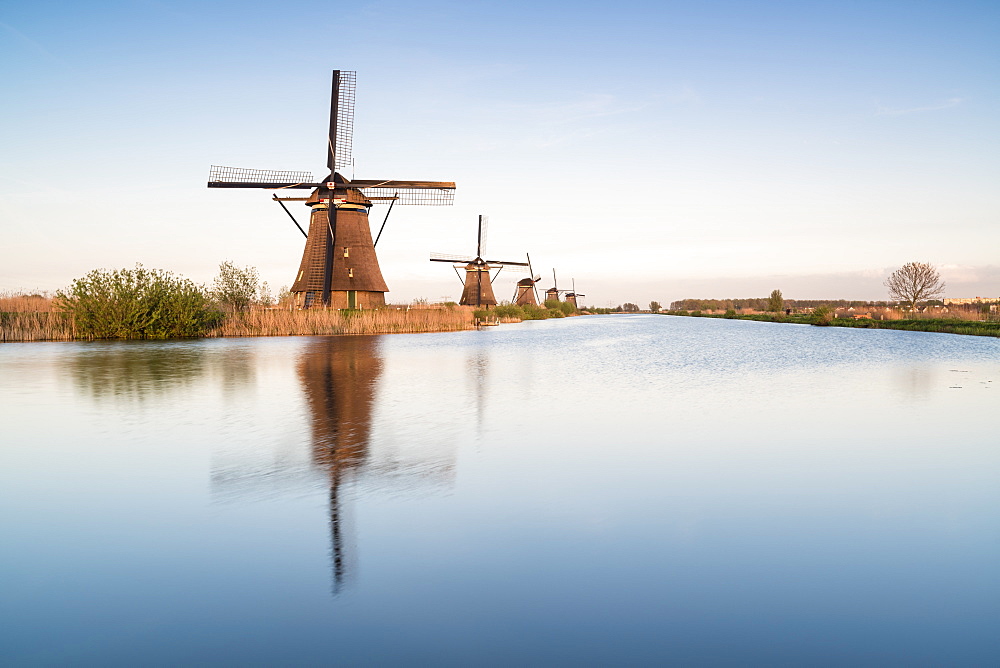 Windmills in a row on the canal, Kinderdijk, UNESCO World Heritage Site, Molenwaard municipality, South Holland province, Netherlands, Europe