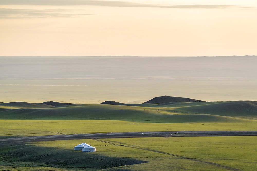 Nomadic camp and hills, Bayandalai district, South Gobi province, Mongolia, Central Asia, Asia