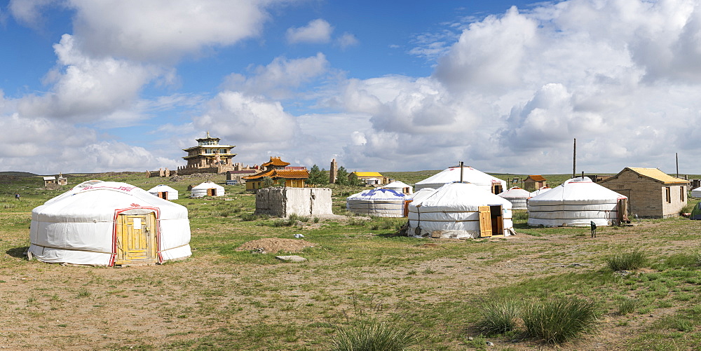 Ger camp and Tsorjiin Khureenii temple in the background, Middle Gobi province, Mongolia, Central Asia, Asia