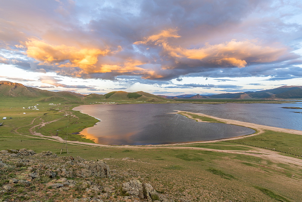 Sunset over White Lake, Tariat district, North Hangay province, Mongolia, Central Asia, Asia