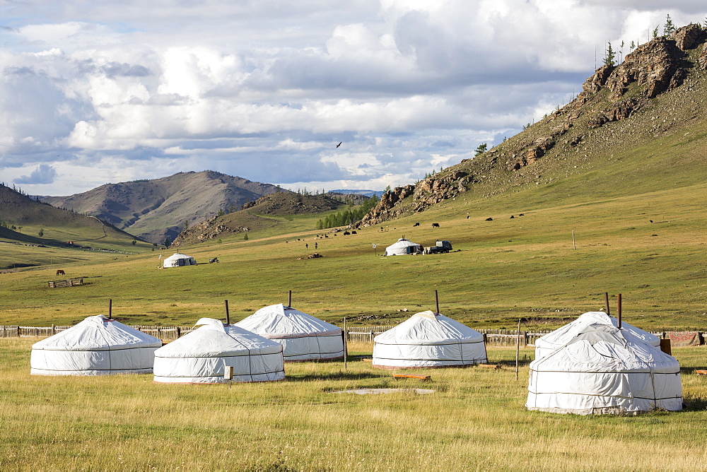 Tourist ger camp and Khangai mountains, Burentogtokh district, Hovsgol province, Mongolia, Central Asia, Asia