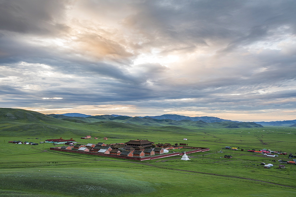 View of Amarbayasgalant Monastery from above at sunset, Mount Buren-Khaan, Baruunburen district, Selenge province, Mongolia, Central Asia, Asia