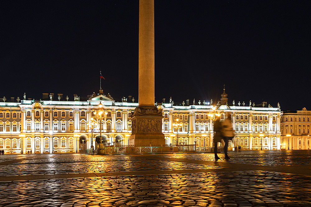 Alexander Column by Winter Palace at night in St. Petersburg, Russia, Europe