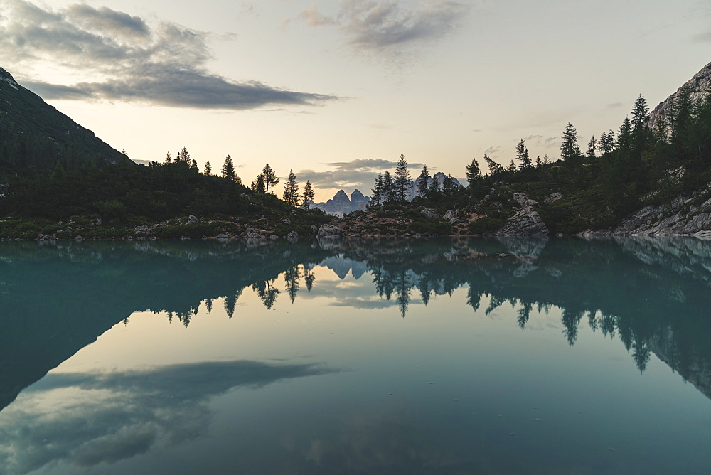 Lake Sorapis at sunset in Cortina d'Ampezzo, Italy, Europe