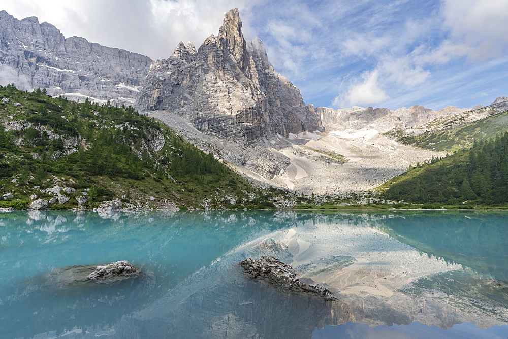 Sorapis mountain group above Lake Sorapis in Cortina d'Ampezzo, Italy, Europe