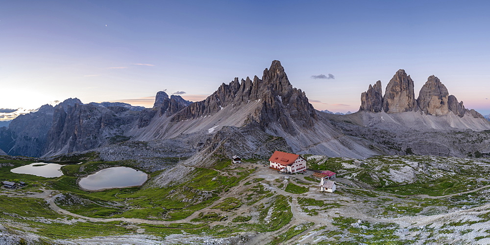 Panorama of Piani Lakes and Dreizennen hut below mountains in Italy, Europe