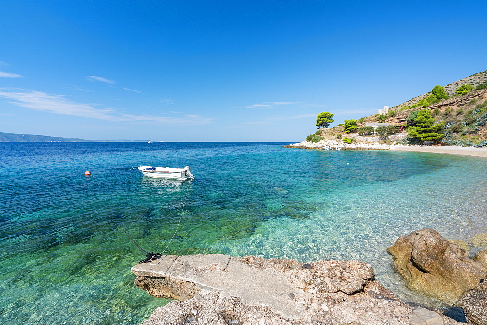 Boat and beach in summer, Murvica, Bol, Brac island, Split-Dalmatia county, Croatia, Europe