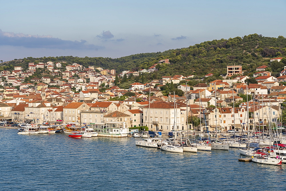 View of the harbour of Ciovo island from Karmelengo tower, Trogir, Split-Dalmatia county, Croatia, Europe