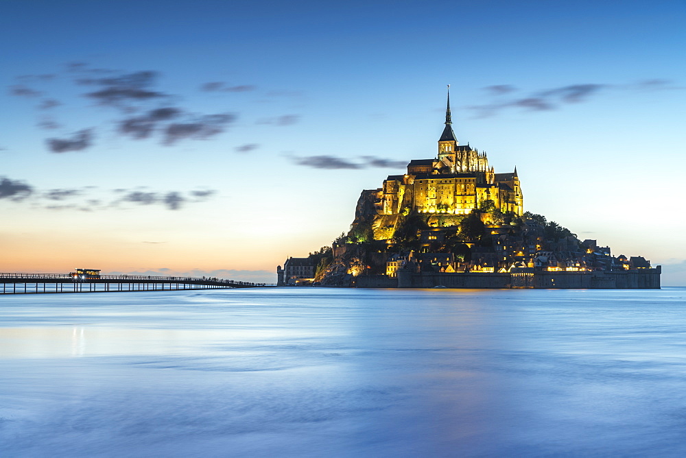 High tide at dusk, Mont-Saint-Michel, UNESCO World Heritage Site, Normandy, France, Europe