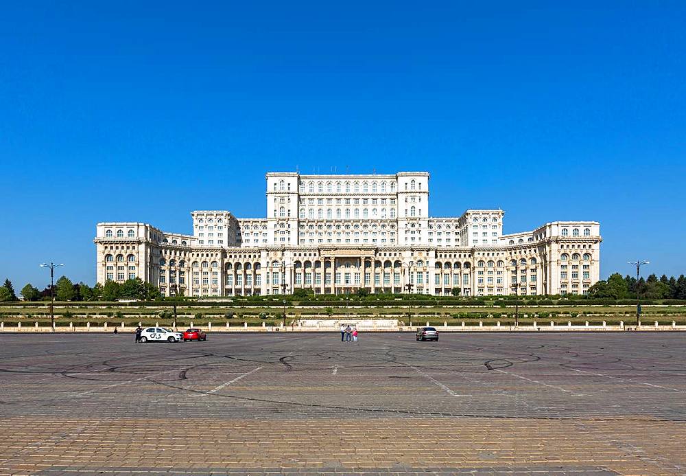 Bucharest's huge Palace of Parliament (Palatul Parlamentului) on a clear sunny day, Bucharest, Romania, Europe