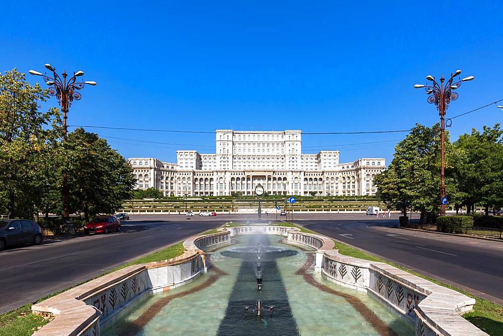 Bucharest's huge Palace of Parliament (Palatul Parlamentului) on a clear sunny day, Bucharest, Romania, Europe