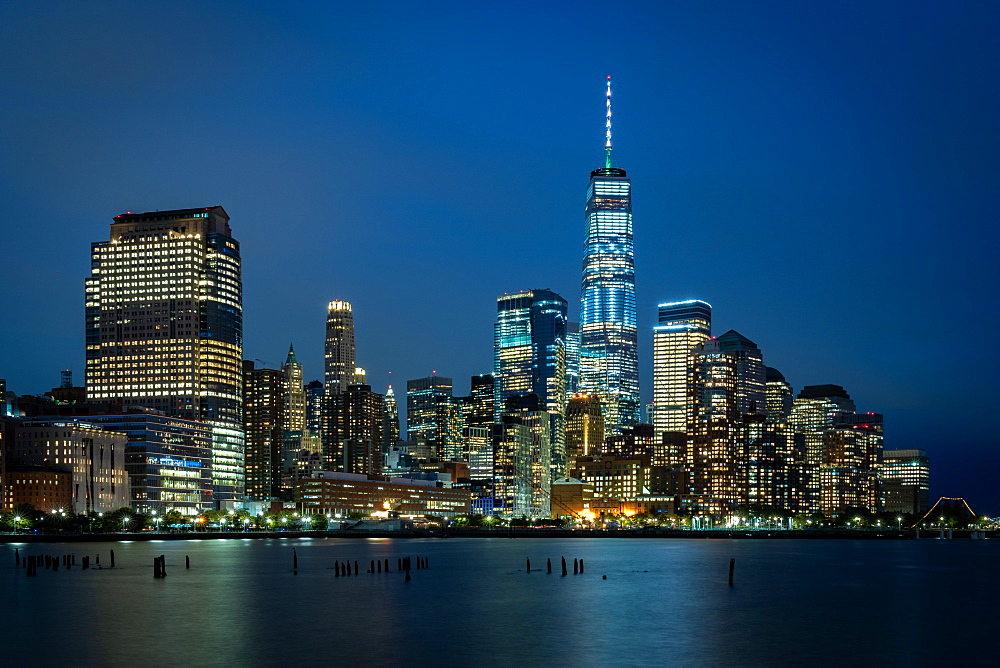 A long exposure of the lights of Lower Manhattan during the evening blue hour, New York, United States of America, North America