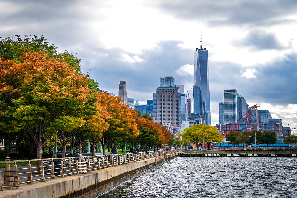 Autumn (fall) colours in Lower Manhattan's Hudson River Park looking towards One World Trade Centre, New York, United States of America, North America