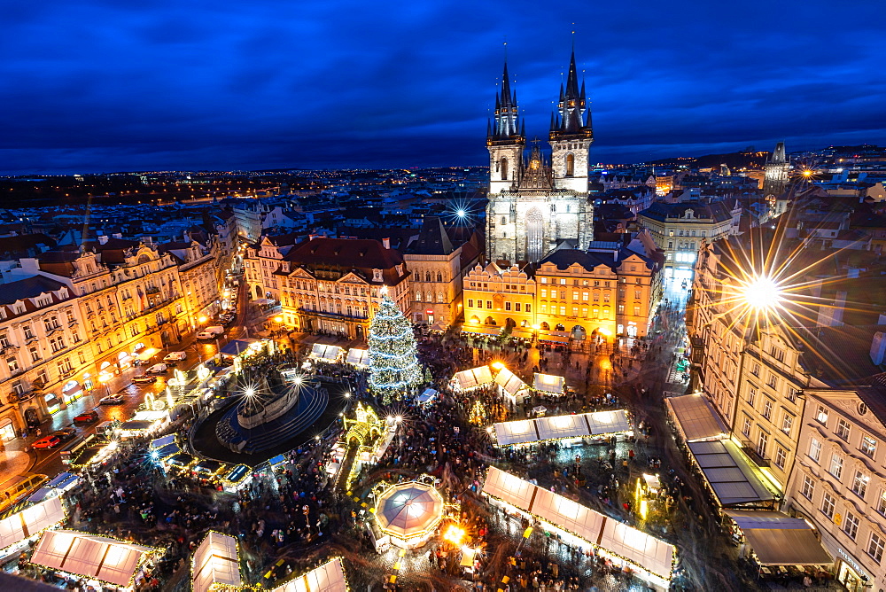 Prague's Old Town Square Christmas Market viewed from the Astronomical Clock during blue hour, UNESCO World Heritage Site, Prague, Czech Republic, Europe