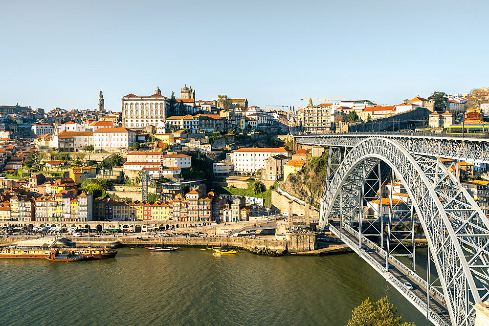 The Dom Luis I Bridge and Ribeira district of Porto, UNESCO World Heritage Site, viewed from the Gaia Cable Car, Porto, Portugal, Europe