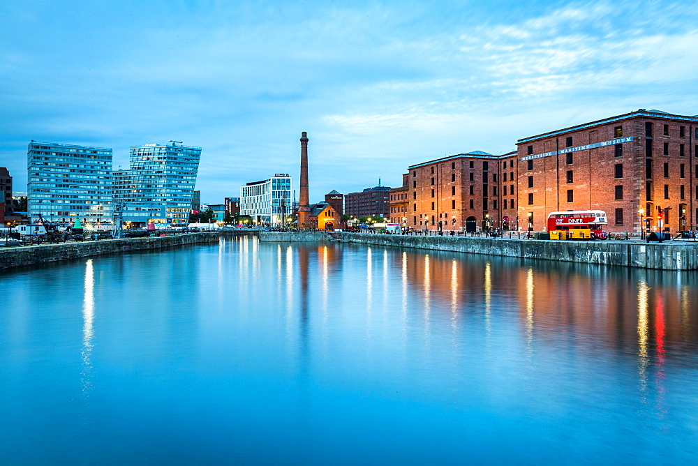 Looking along Canning Dock, adjacent to Albert Dock, towards the Pump House Pub during the evening twilight (blue hour), Liverpool, Merseyside, England, United Kingdom, Europe