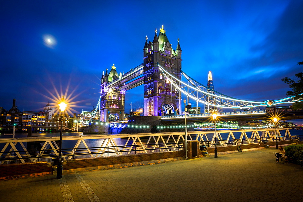 A moonlit evening in London with a view of Tower Bridge and the Shard behind, London, England, United Kingdom, Europe