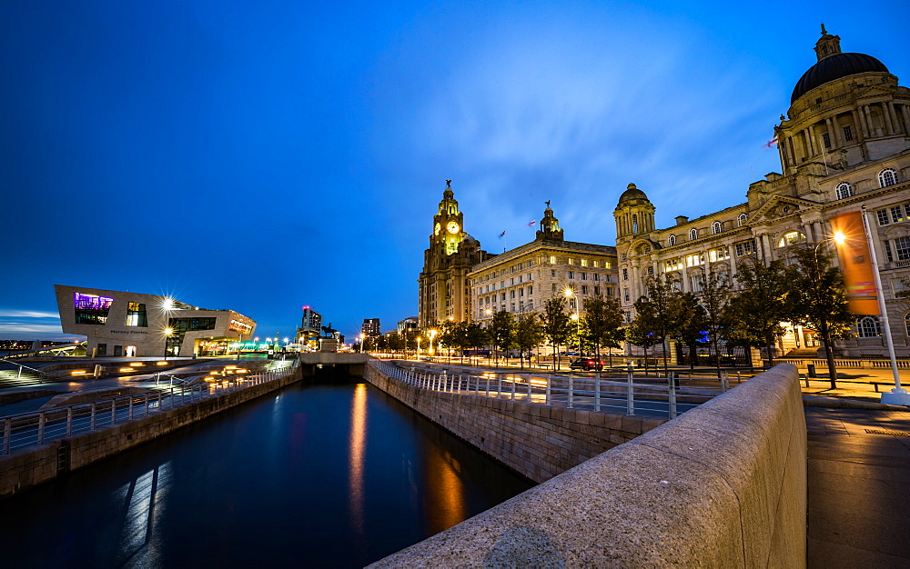 Pier Head and the Three Graces on the River Mersey Waterfront during blue hour, Liverpool, Merseyside, England, United Kingdom, Europe