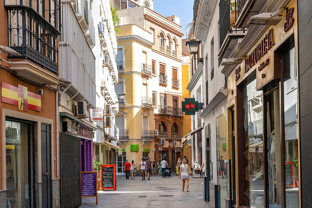 A pedestrianised shopping street in Seville, Andalusia, Spain, Spain