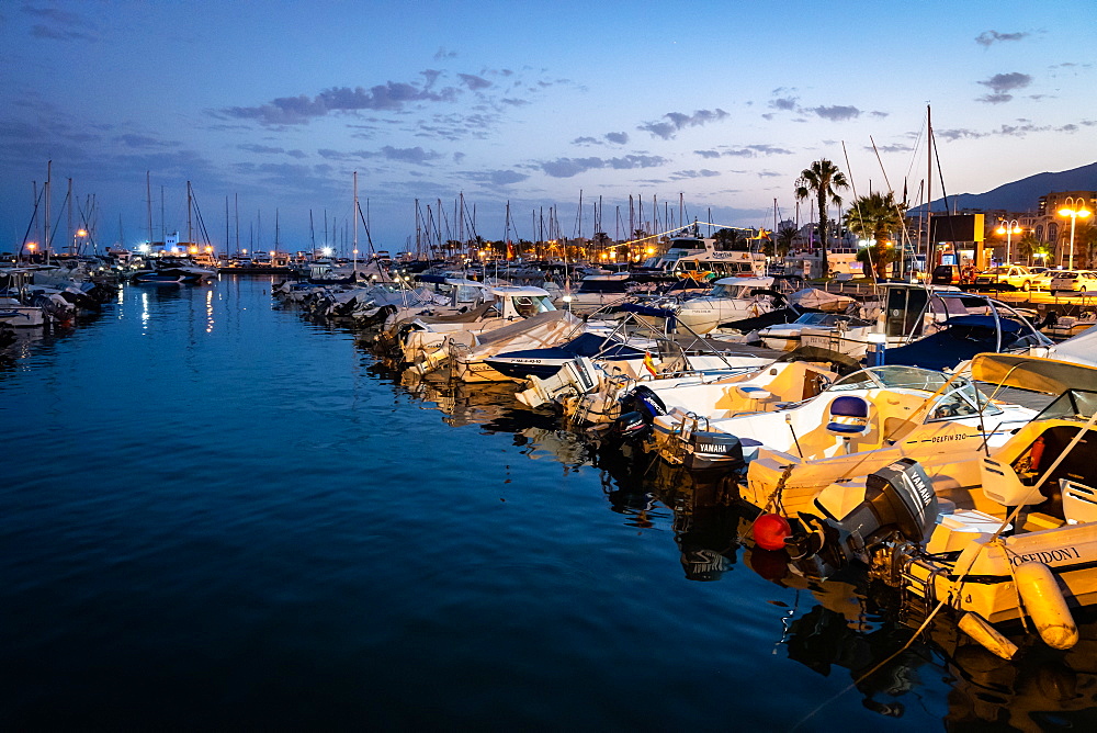 Boats at blue hour, Benalmadena Puerto Marina between the Costa Del Sol beach resorts of Benalmadena and Torremolinos, Andalusia, Spain, Europe