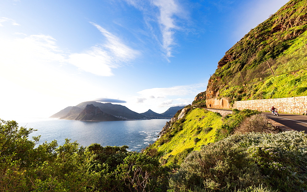 Motorbike on Chapman's Peak Drive, Hout Bay, Cape Peninsula, Western Cape, South Africa, Africa