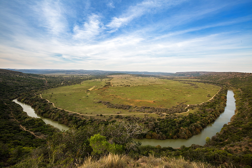 The plains of the Amakhala Game Reserve surrounded by the Bushmans River, Eastern Cape, South Africa, Africa