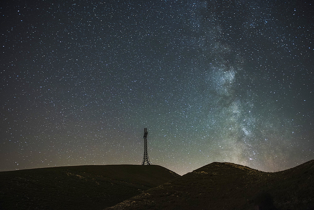 Summit cross of Mount Catria and Milky Way, Marche, Italy, Europe