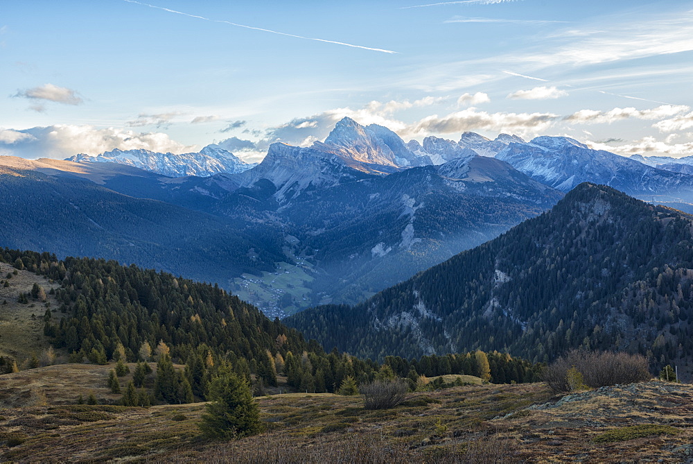 Odle mountain range, Seceda and Sass Rigais at sunrise, Trentino, Italy, Europe