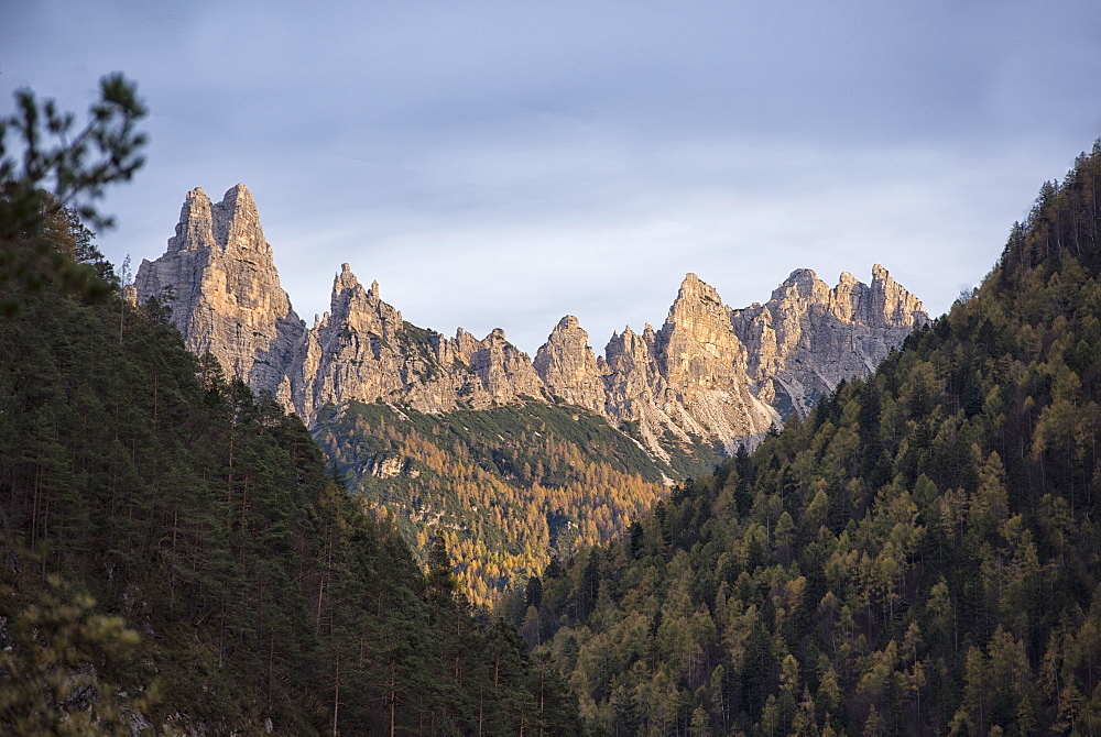 Sunset in Zoldo Valley in autumn, Dolomites, Veneto, Italy, Europe