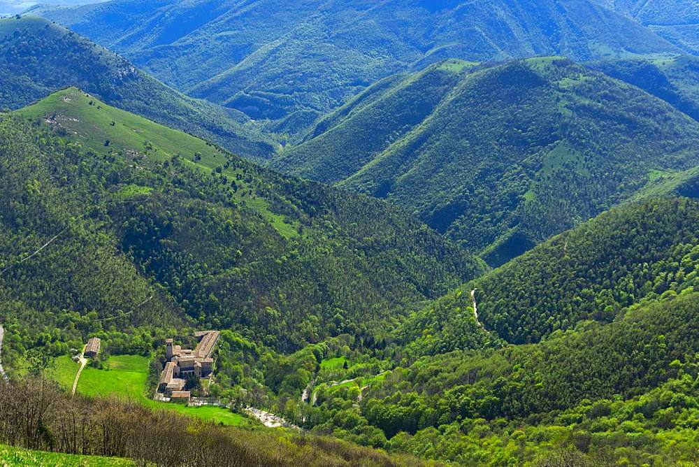 Aerial view of Fonte Avellana Monastery, Mount Catria, Umbria, Italy, Europe