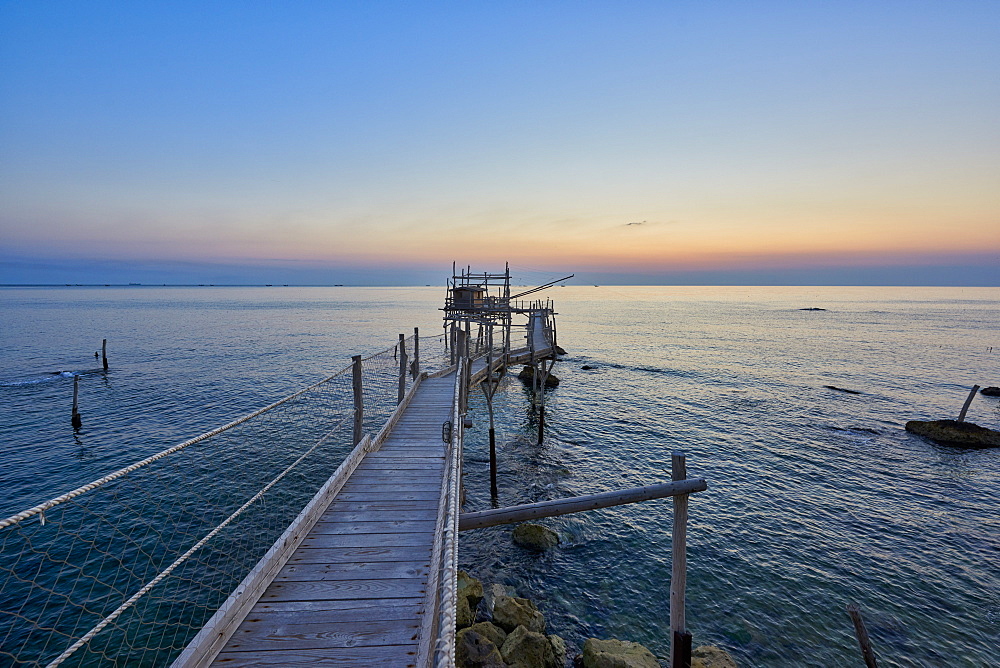 Trabocco Turchino at sunrise, Trabocchi coast, San Vito Chietino, Abruzzo, Italy, Europe