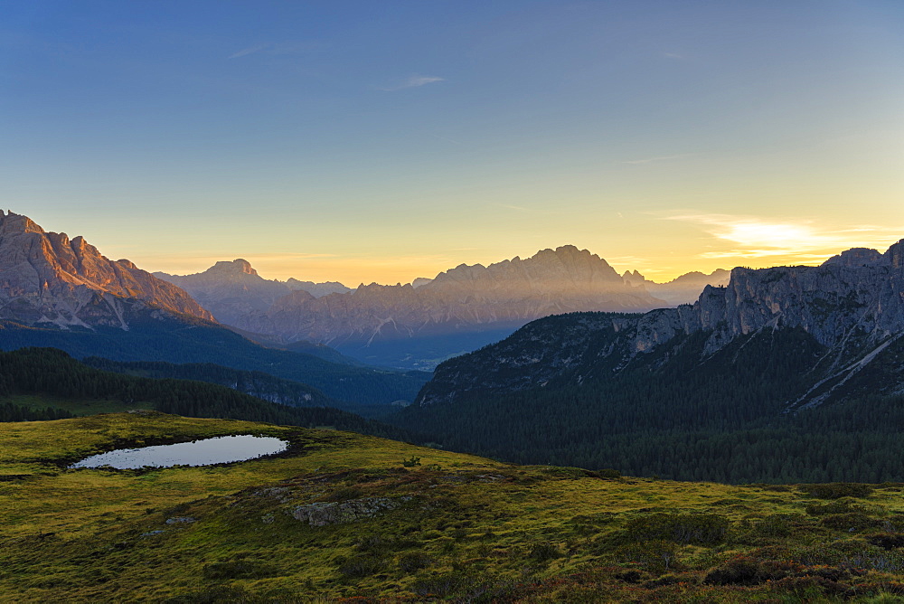 Giau Pass, Croda del Becco, and Cristallo at sunrise, Dolomites, Veneto, Italy, Europe