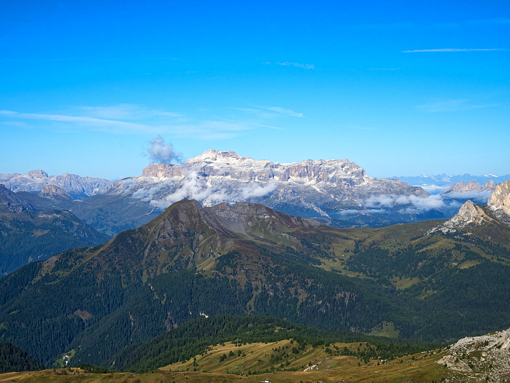 Giau Pass, Sella group from the top of Gusela, Dolomites, Veneto, Italy, Europe