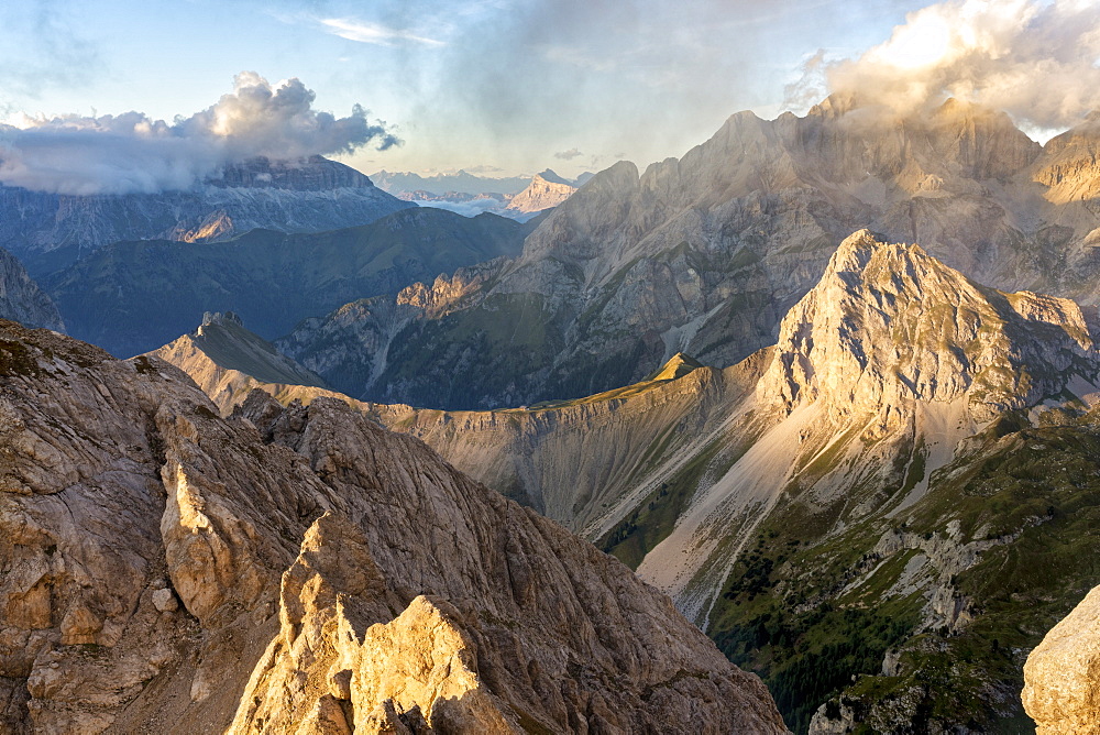 Alta Via Bepi Zac, sunset on Dolomites, Veneto, Italy, Europe